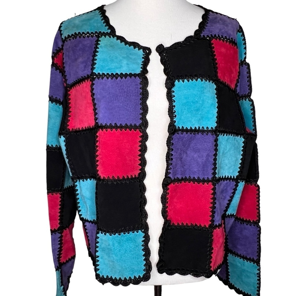 Y2K S.M.H. Suede Color-Block Patchwork Jacket Crochet Trim Size 1X Boho Artsy